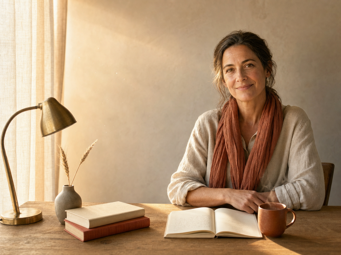 A small business owner sitting calmly at her tidy desk in warm afternoon light.
