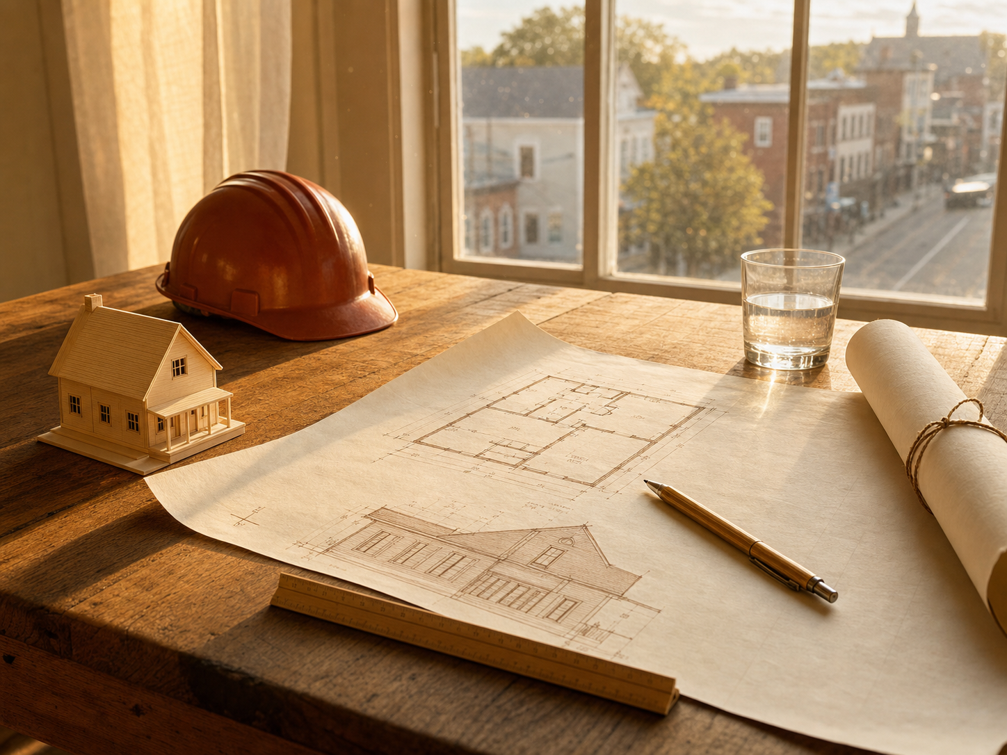 A builder and architect desk in warm light with a partly unrolled building plan and a small wooden model house.
